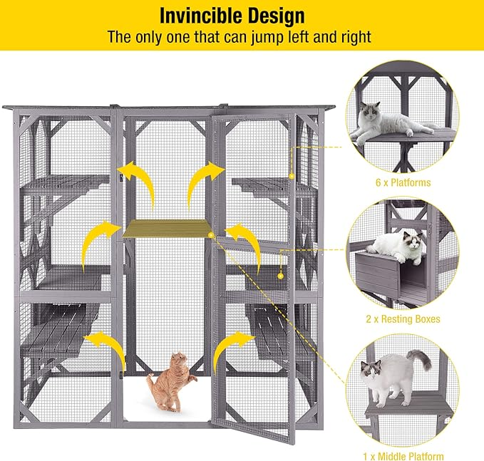 Aivituvin Cat House Outdoor Catio Kitty Enclosure with Super Large Enter Door, Wooden Cat Cage Condo Indoor Playpen with Platforms & Small House-71 Inch