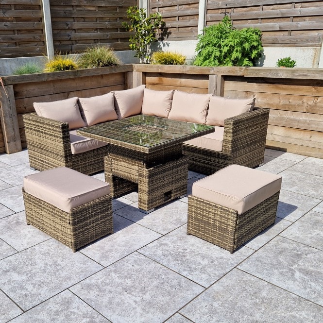 Georgia Nature Brown Corner Sofa with 2 Ottomans and Dining Table with Ice Bucket genannt