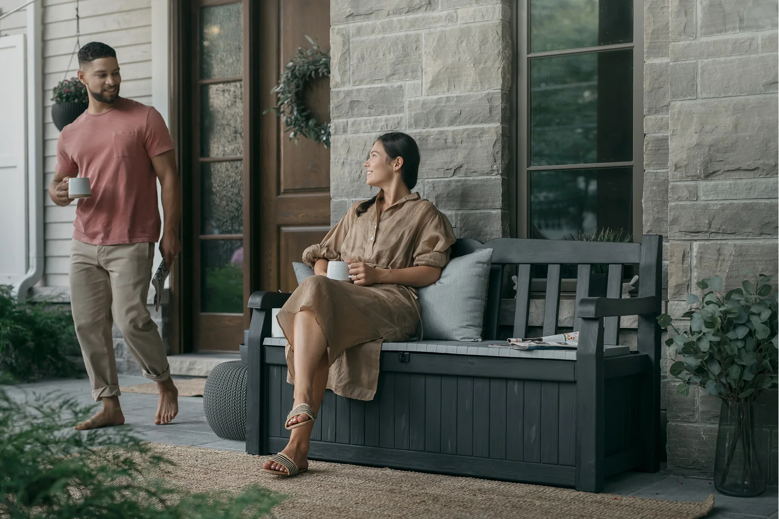 【Storage Shed】Solana Chic Elegant Wood-Look Storage Bench with Comfy Durable Weather Resistance Sitting