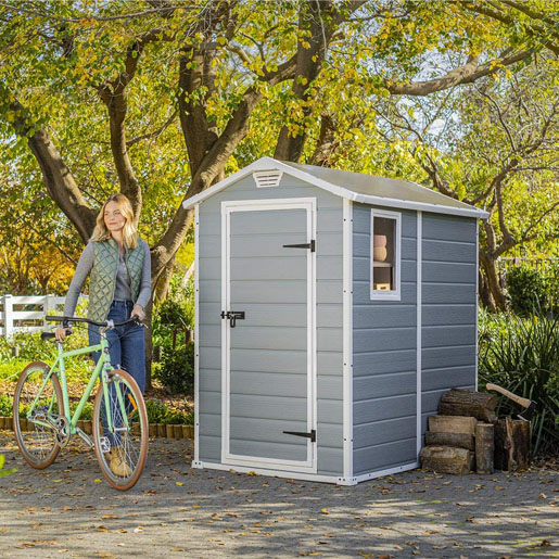 KETER Manor 4x6 Resin Outdoor Storage Shed Kit-Perfect to Store Patio Furniture, Garden Tools Bike Accessories, Beach Chairs and Lawn Mower, Grey & White