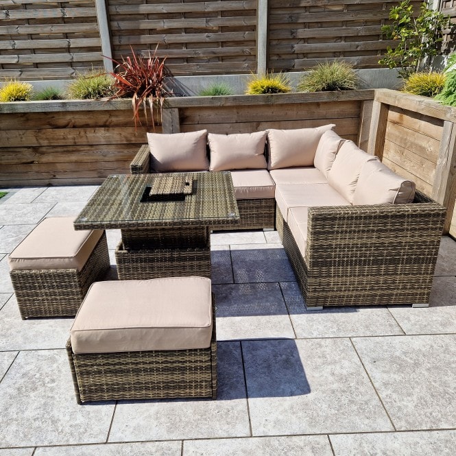 Georgia Nature Brown Corner Sofa with 2 Ottomans and Dining Table with Ice Bucket genannt