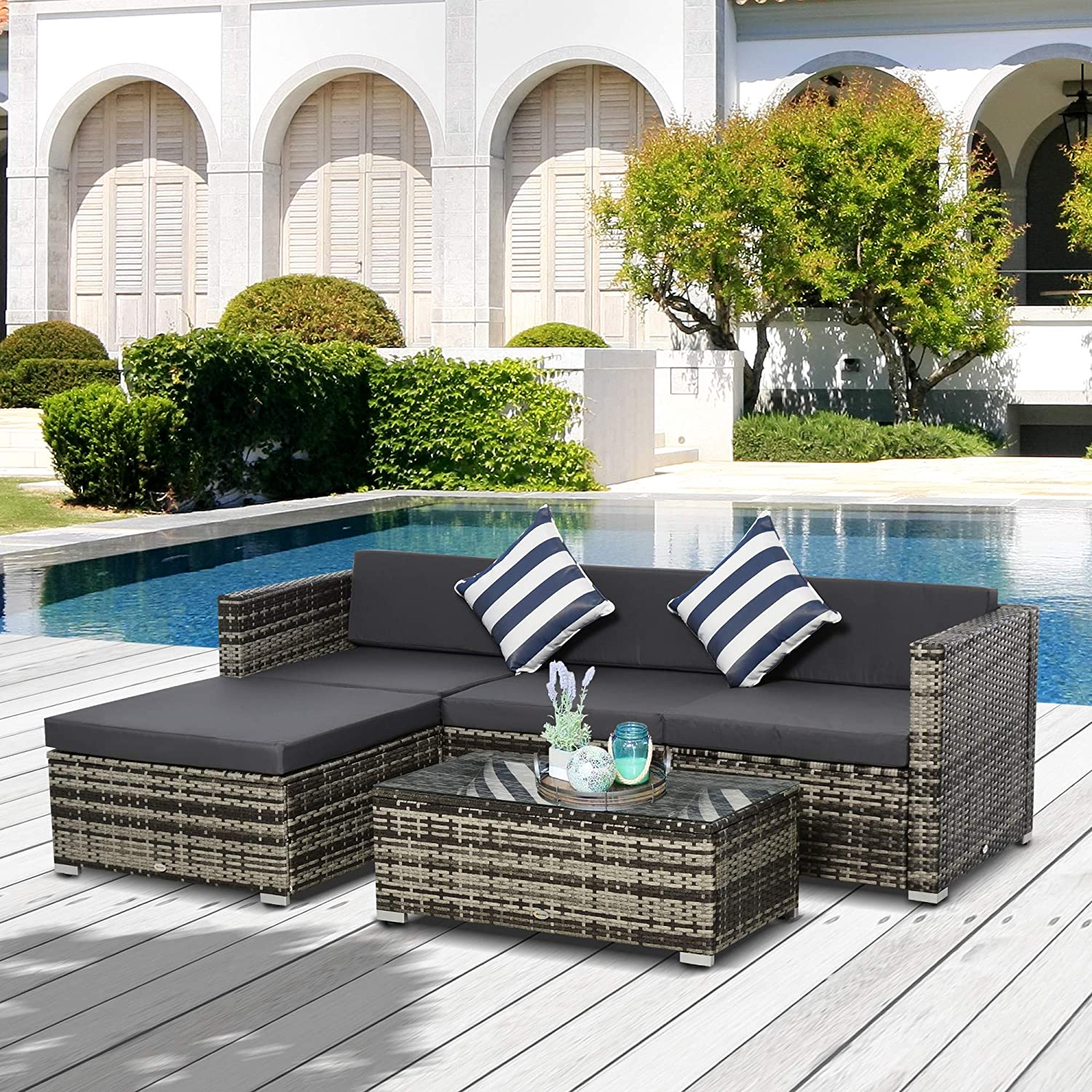 Outsunny 5PC Rattan Furniture Set Garden Outdoor Sectional Sofa Coffee Table Combo Patio Furniture Metal Frame w/Cushion Pillows Grey